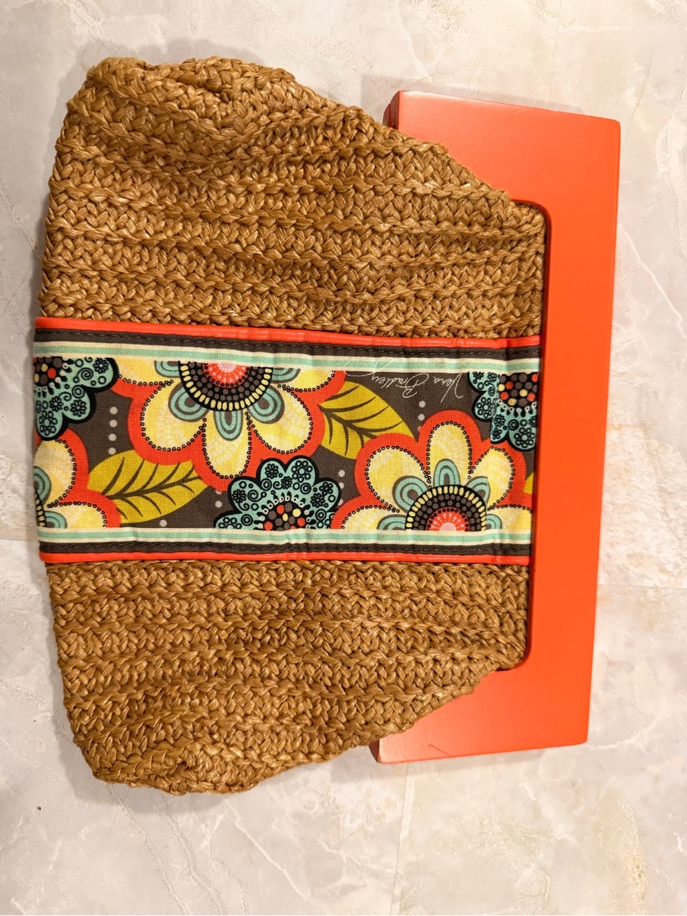 Vera Bradley Straw Tote with Orange Handles and Floral Accent